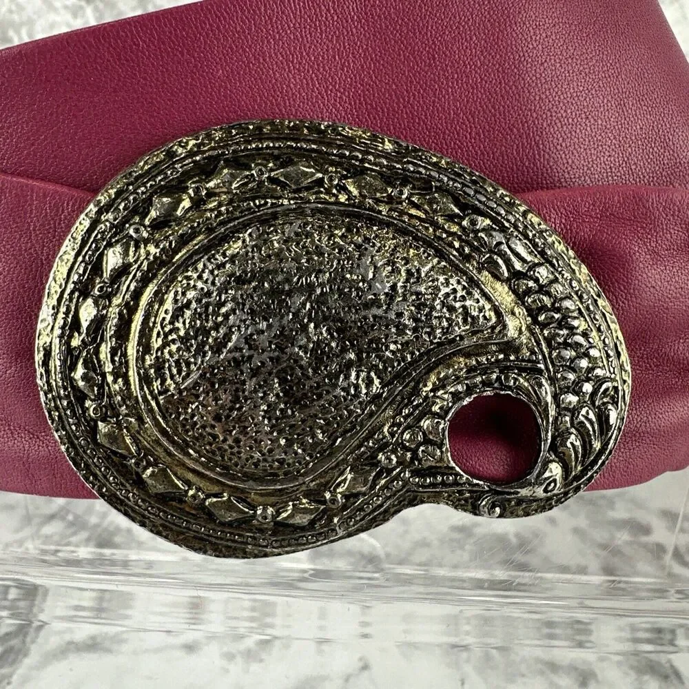 Vintage Women Adjustable Wide Leather Belt With Brass Paisley Clip Buckle Size M